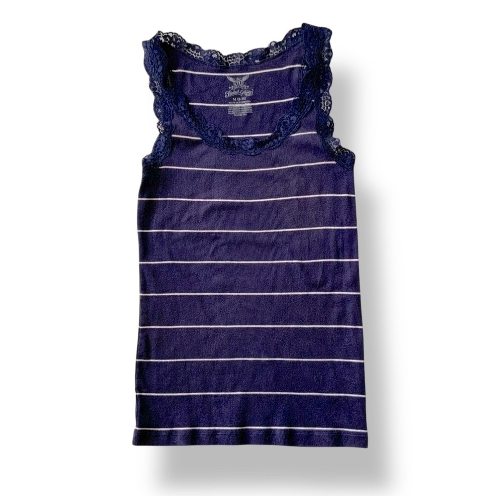 Y2K Women’s Lace Trim Tank Top Fitted Striped Stretch Blue White Medium Preppy